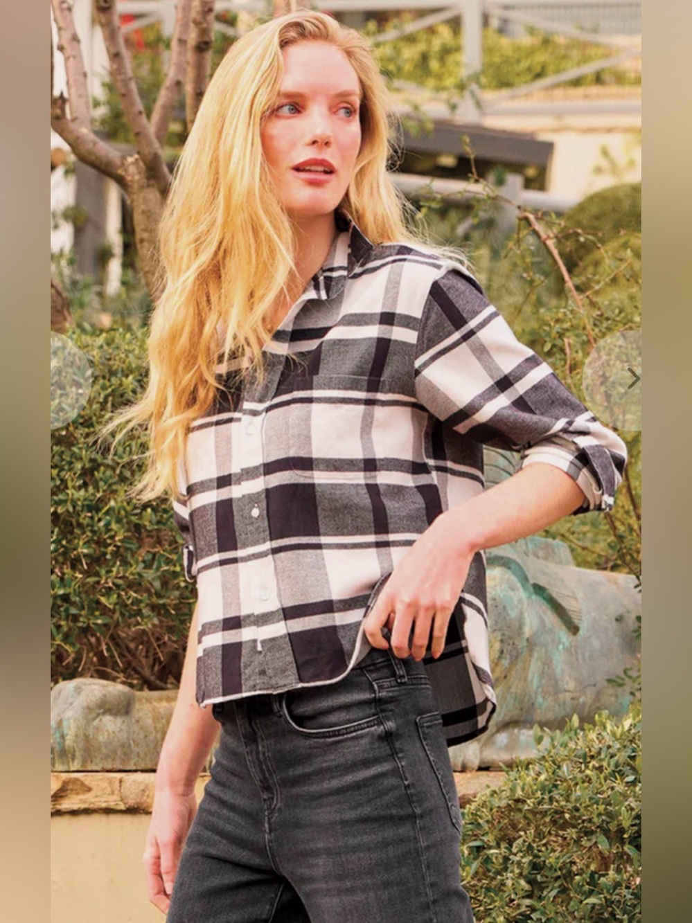Frank & Eileen Silvio Flannel Shirt M Black White Plaid Italian Cotton Button Up